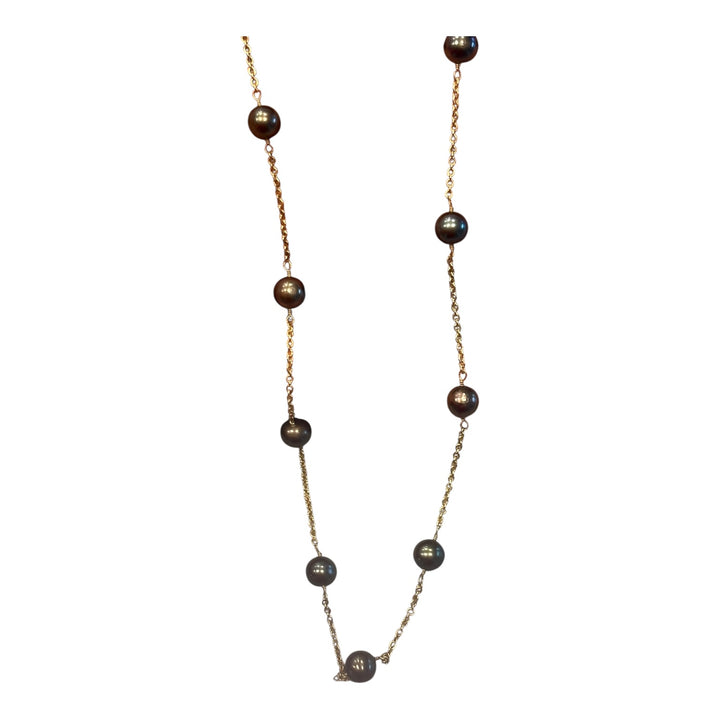 14K Yellow Gold 5.75mm Natural Black Akoya Pearl Chain Necklace AAA Iridescent