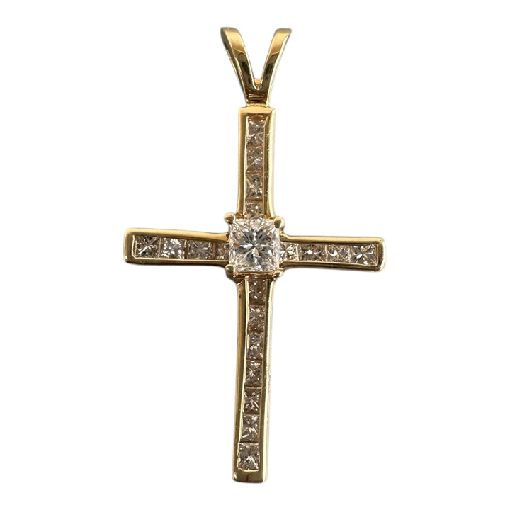 14 Karat Yellow Gold Princess .95ct Diamond Channel Cross 1-1/2”Length