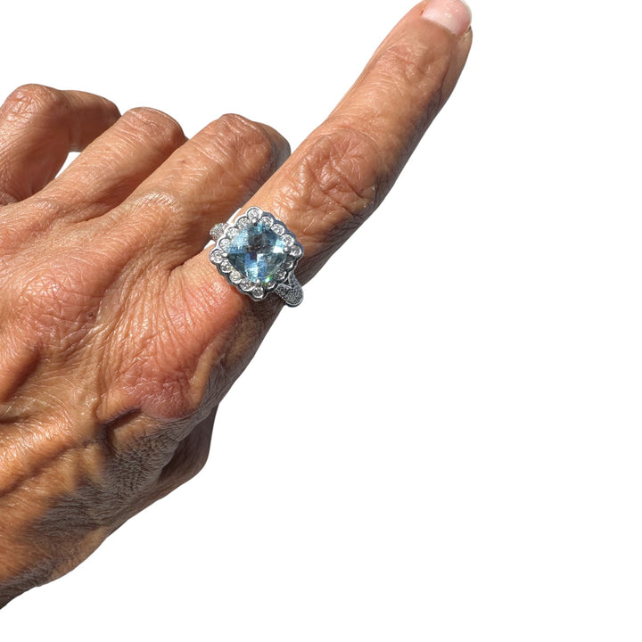 Designer  2.35 carat Aquamarine and Diamond Halo Ring 18 Karat 4.05 Carat