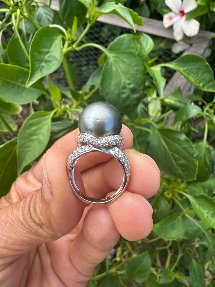 AAA Diamond and Gray 14.5mm Tahitian Pearl 1 ct Ring