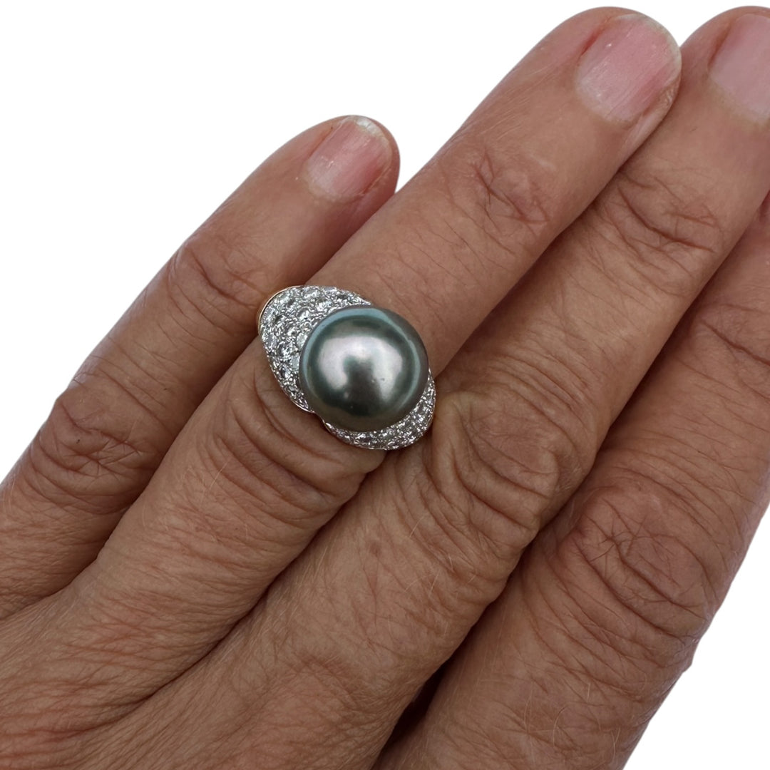 Mid-century, 18 karat Tahitian 12 mm pearl with 1.50 carat diamonds