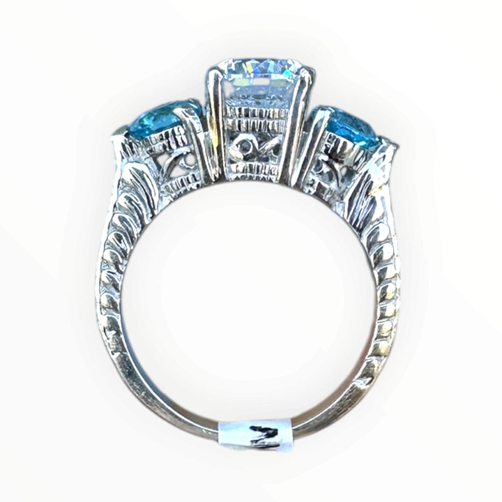 14 Karat White Gold, Three Stone Neon Apetite Etched Engraved Ring