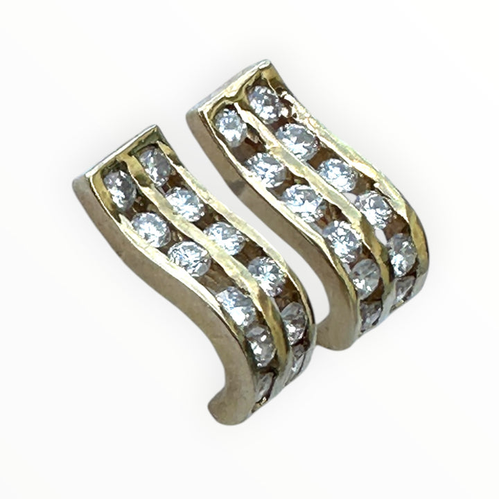 14K Yellow Gold Double-Row Channel-Set Diamond Wave J-Hoop Earrings 0.85 CTW