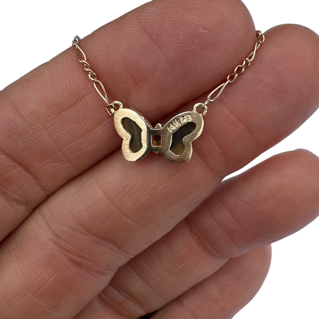 Mid-Century Inspired Yellow Gold, Tiger's Eye Butterfly Pendant Necklace