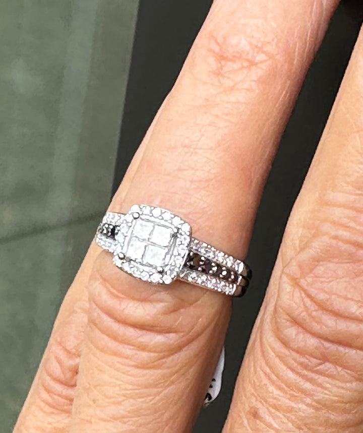 14K White Gold Princess-Cut Quad Diamond Halo Ring with Black Diamond Accents .75ctw