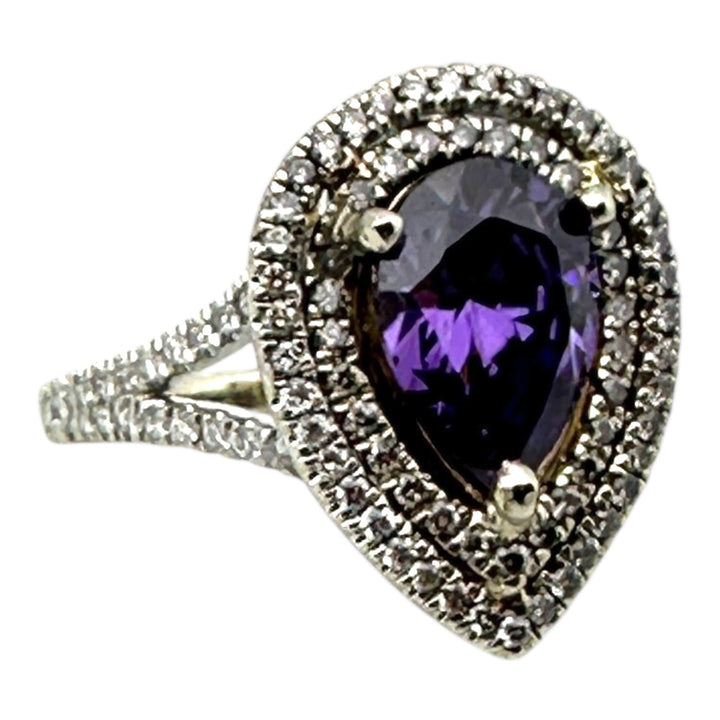 14 karat pear shaped Brazilian Amethyst diamond halo ring