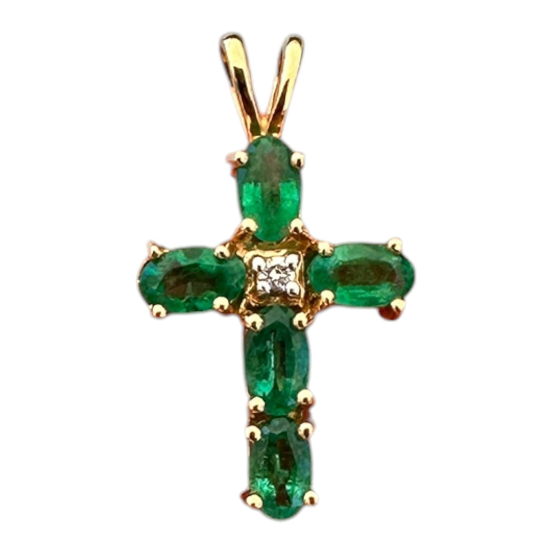Modern 14K Gold 0.75 CT Emerald Cross Pendant with Diamond Accents (22 x 12 mm)