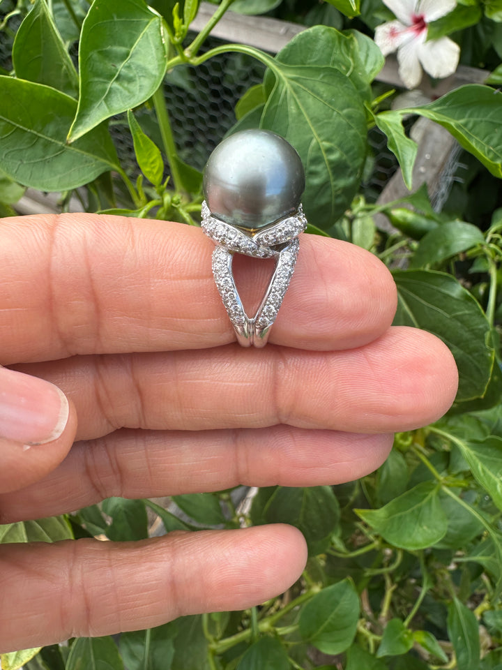 AAA Diamond and Gray 14.5mm Tahitian Pearl 1 ct Ring