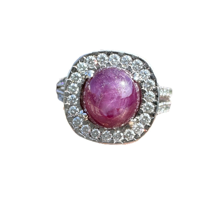 18 karat white gold star ruby halo diamond ring