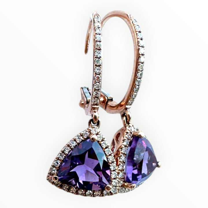 14k Rose Gold & Trillion-Cut Amethyst and Diamond Dangle Earrings 1.35ctw