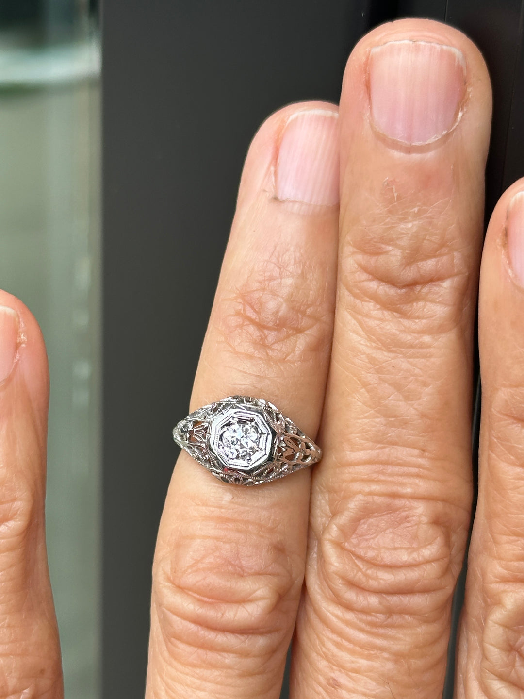 Antique Art Deco .30 Carat Old European Cut Diamond Filigree Ring in 18K White Gold, Circa 1920