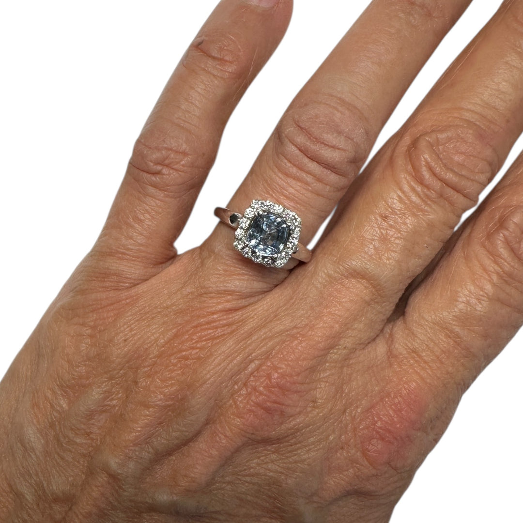 14 Karat 2.48ct Cushion Sapphire Natural-Unheated & Diamond Halo Ring