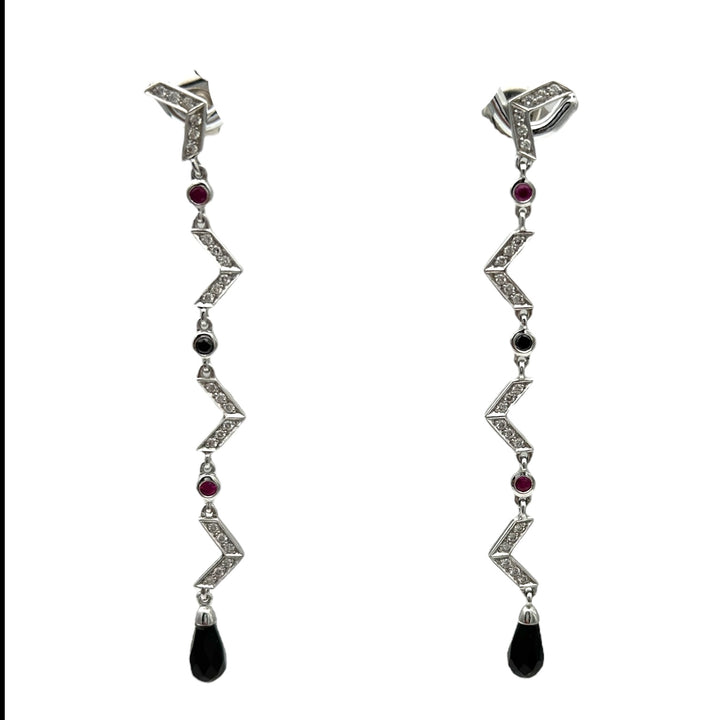 18kt Chevron Dangle Diamond Ruby-Sapphire Earrings, 2-1/2"