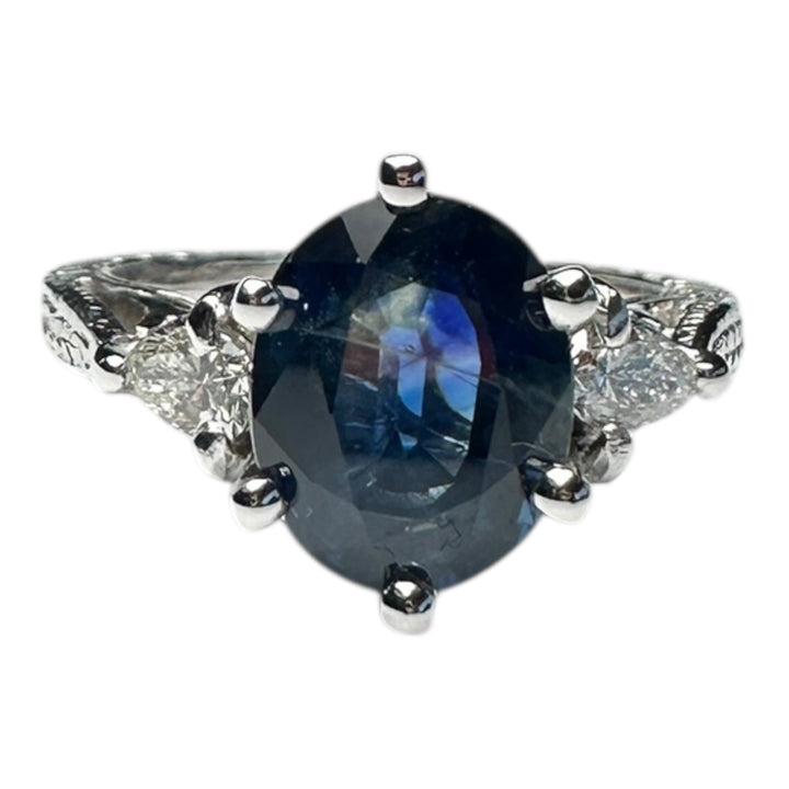 14 Karat 3-stone Oval 3.55 Carat Natural Sapphire and Diamond Ring