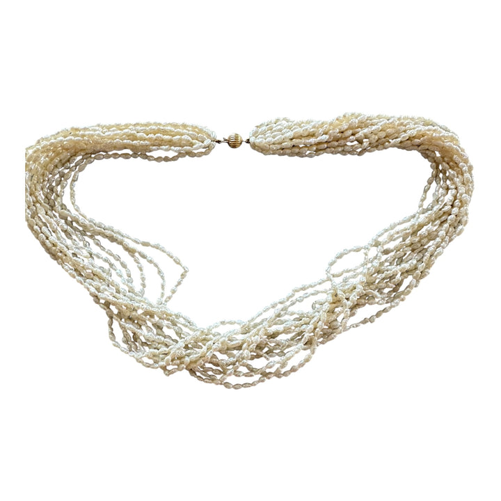 14 karat yellow gold multi strand 18 inch pearl necklace