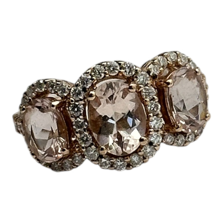 14 karat pink gold, 3-stone Morganite diamond halo ring