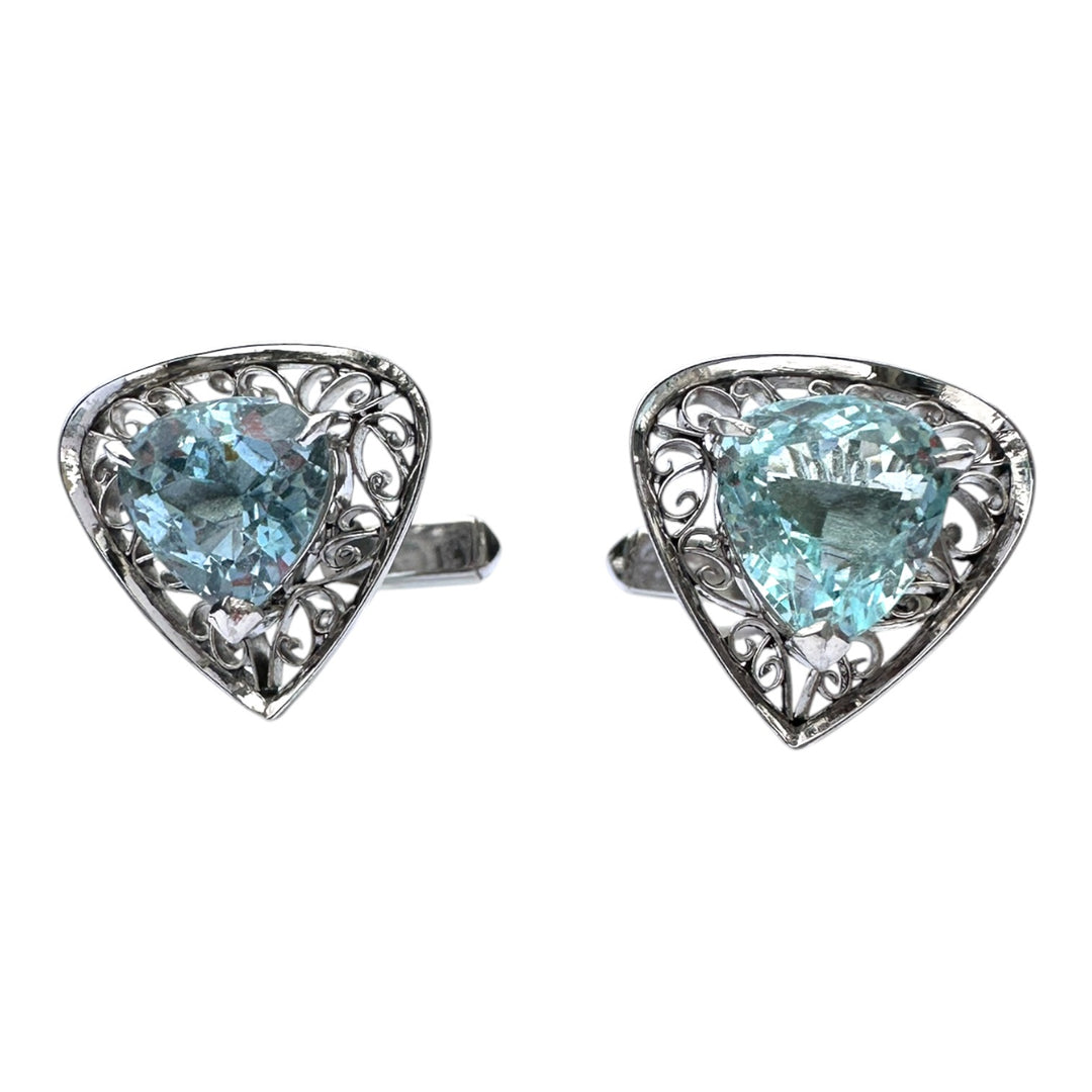 Edwardian 7 Carats Aquamarine Cufflinks and Tie Tack Set, White Gold