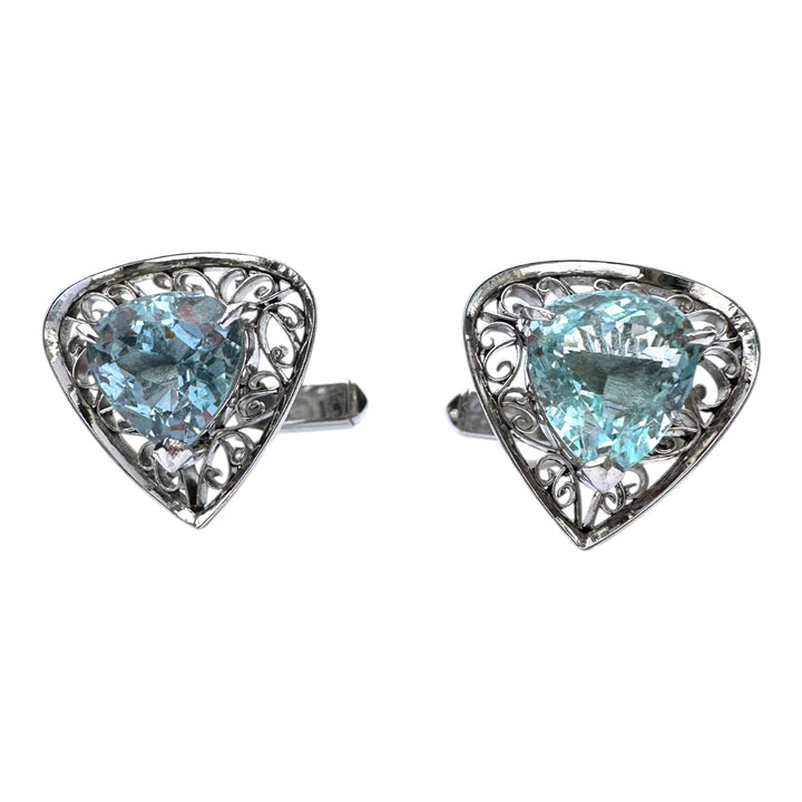 Edwardian 7 Carats Aquamarine Cufflinks and Tie Tack Set, White Gold