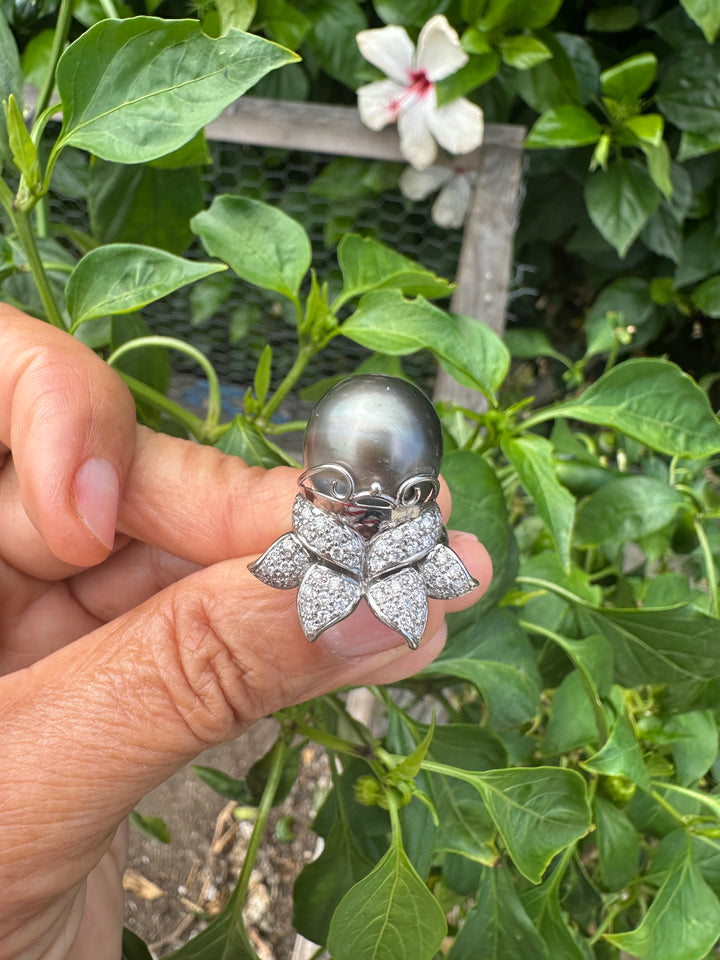 AAA Diamond and Tahitian 14mm Pearl Ring 1.50 ct