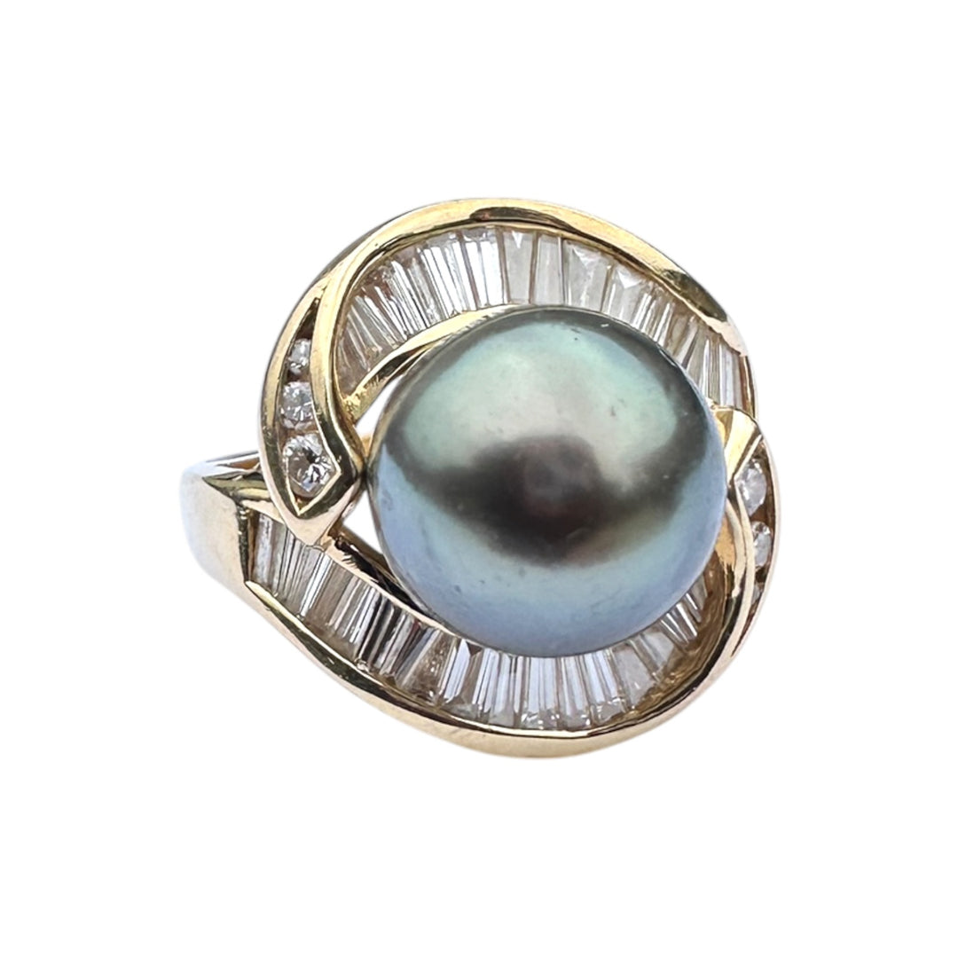 10mm Tahitian Black Pearl & 1.50ct Diamond Ballerina Swirl Cocktail Ring 18kt