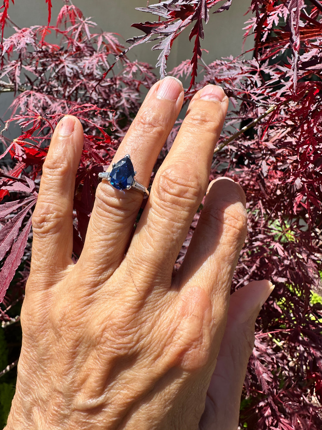 Mid Century Platinum 3-Stone 4.40ctw, Lab-Sapphire and Baguette Diamond Ring