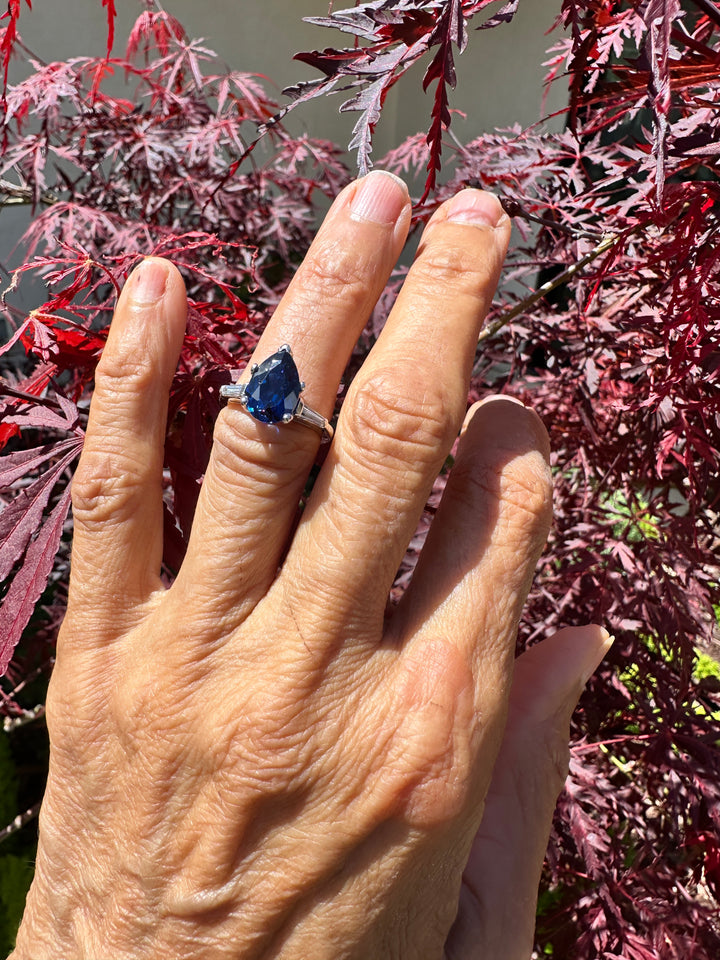 Mid Century Platinum 3-Stone 4.40ctw, Lab-Sapphire and Baguette Diamond Ring