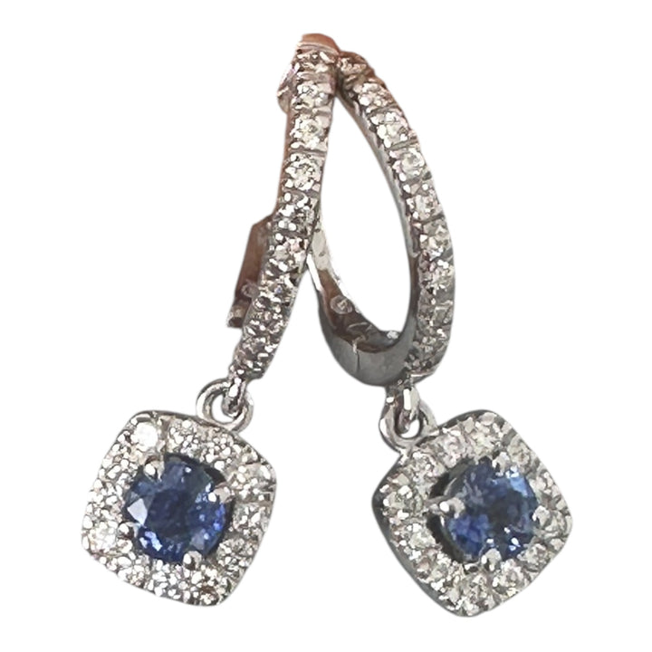 14 karat 2.00 carat sapphire, and diamond halo huggy earrings
