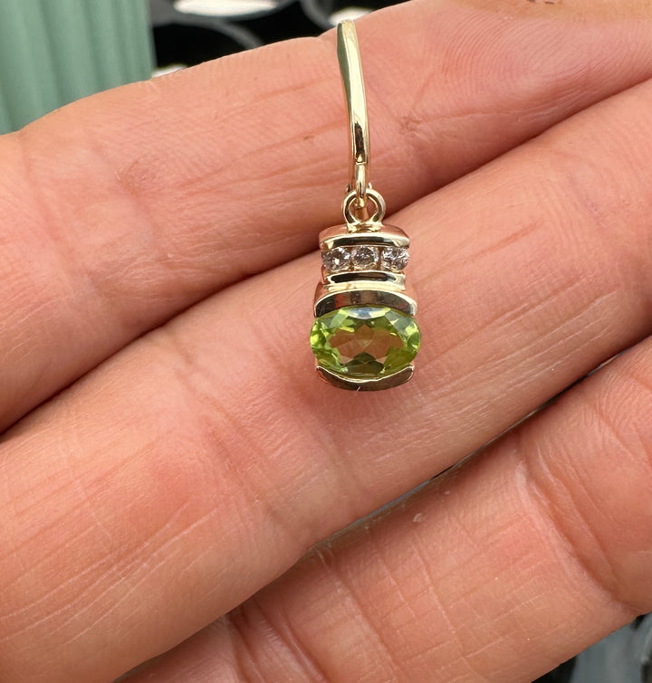 14K Yellow Gold 1.50ct Peridot and 1/4ct Diamond Leverback Dangle Earrings