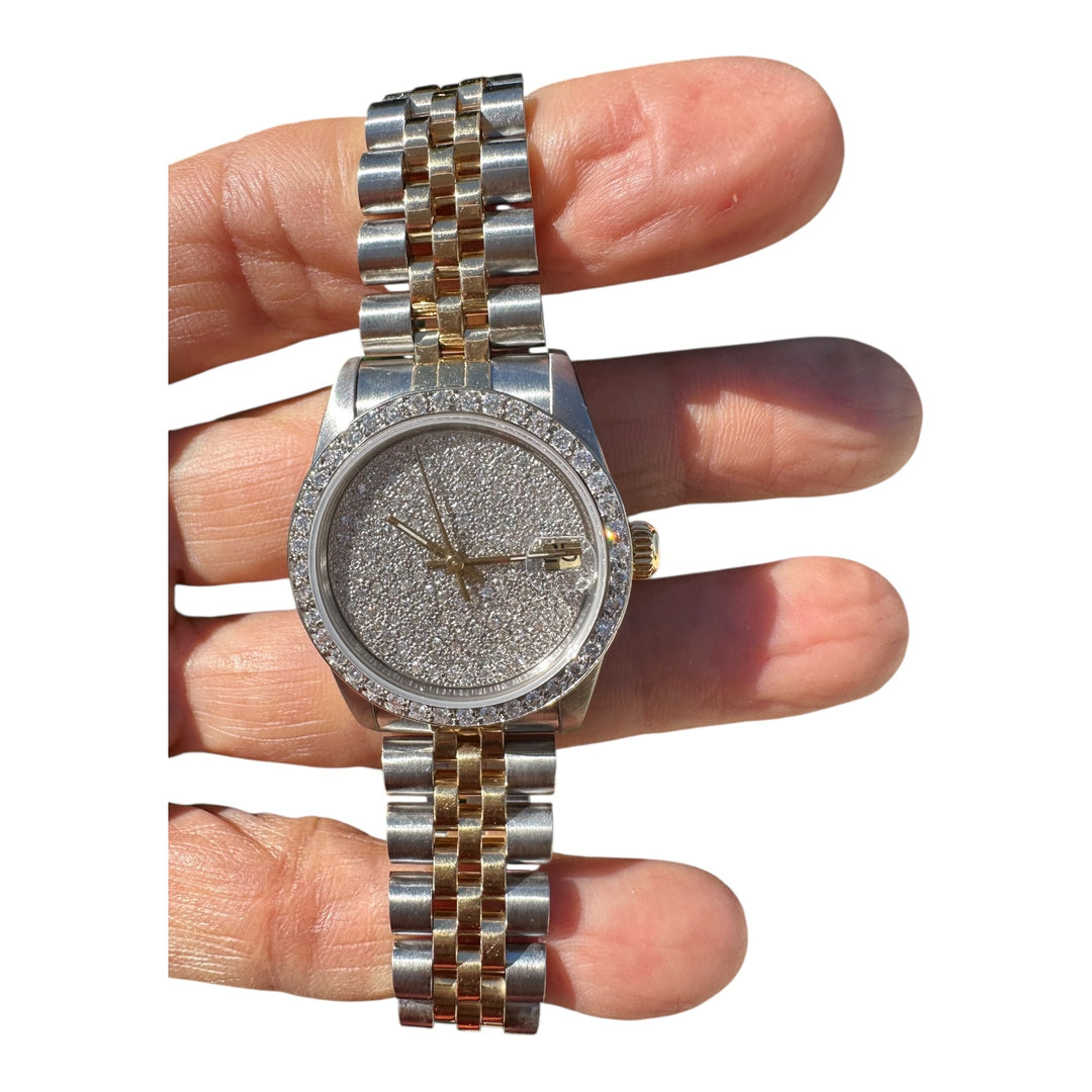 18 karat 2-Tone Rolex Datejust 31 mm Watch 4ctw Diamond Pave Dial and Bezel