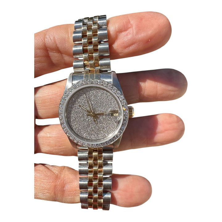 18 karat 2-Tone Rolex Datejust 31 mm Watch 4ctw Diamond Pave Dial and Bezel