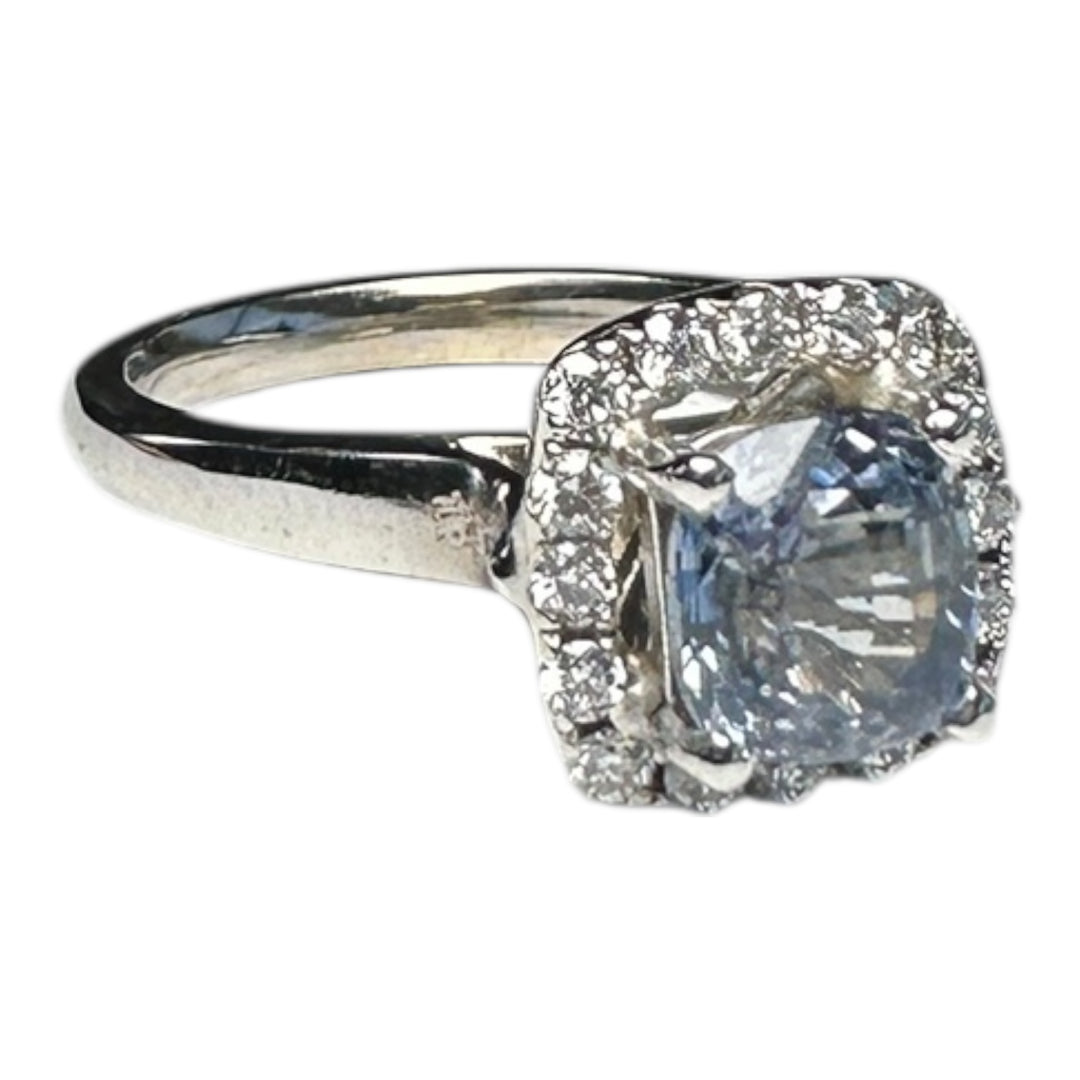 14 Karat 2.48ct Cushion Sapphire Natural-Unheated & Diamond Halo Ring