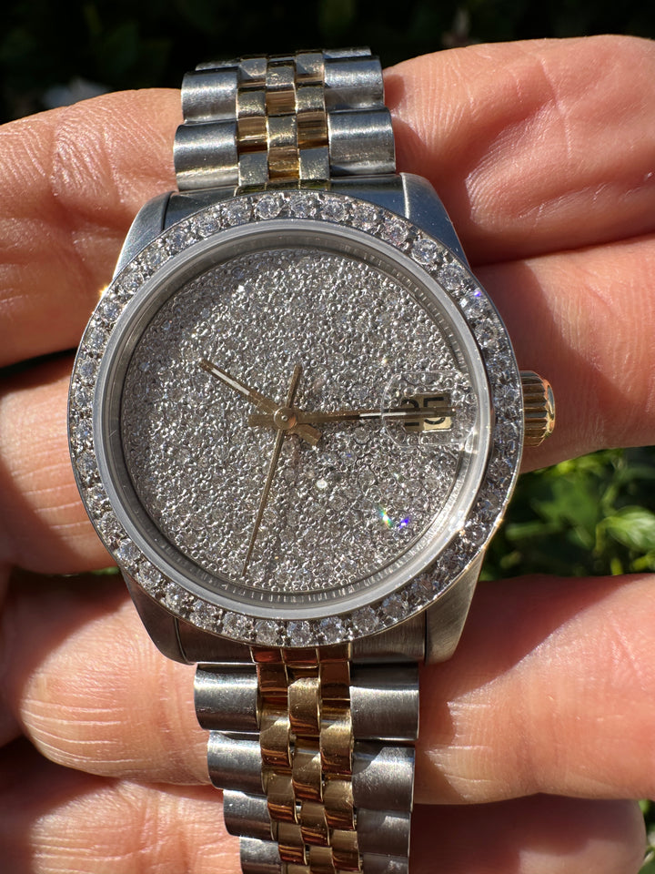 18 karat 2-Tone Rolex Datejust 31 mm Watch 4ctw Diamond Pave Dial and Bezel