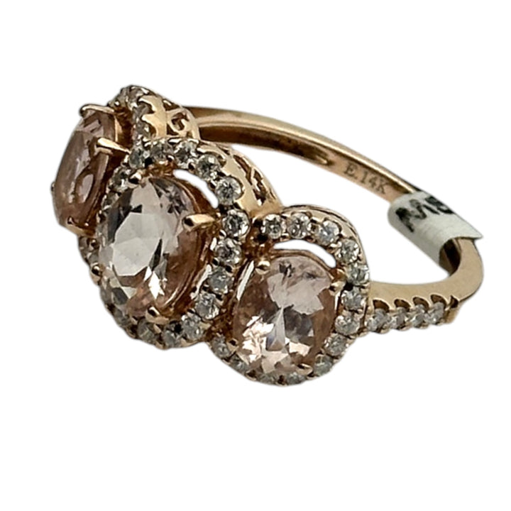 14 karat pink gold, 3-stone Morganite diamond halo ring