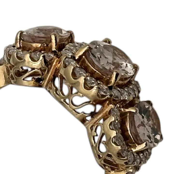 14 karat pink gold, 3-stone Morganite diamond halo ring