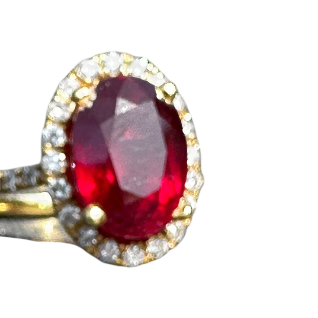 14 karat 3.93 carat red ruby halo ring