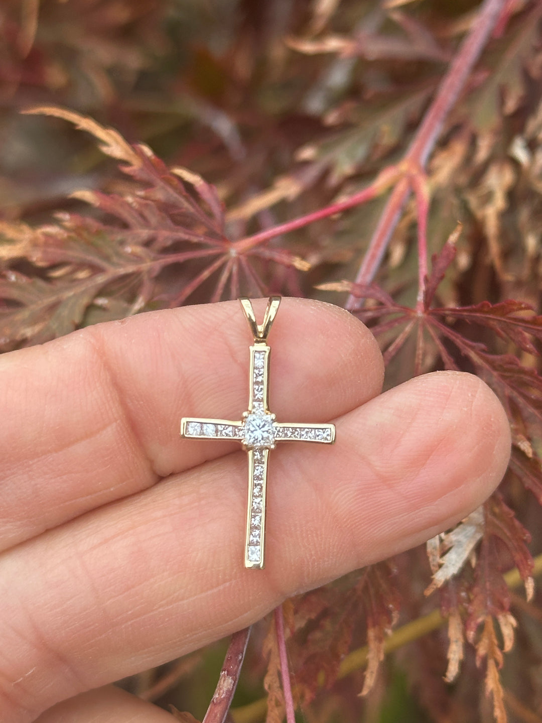 14 Karat Yellow Gold Princess .95ct Diamond Channel Cross 1-1/2”Length