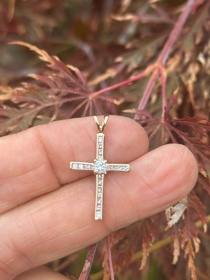 14 Karat Yellow Gold Princess .95ct Diamond Channel Cross 1-1/2”Length
