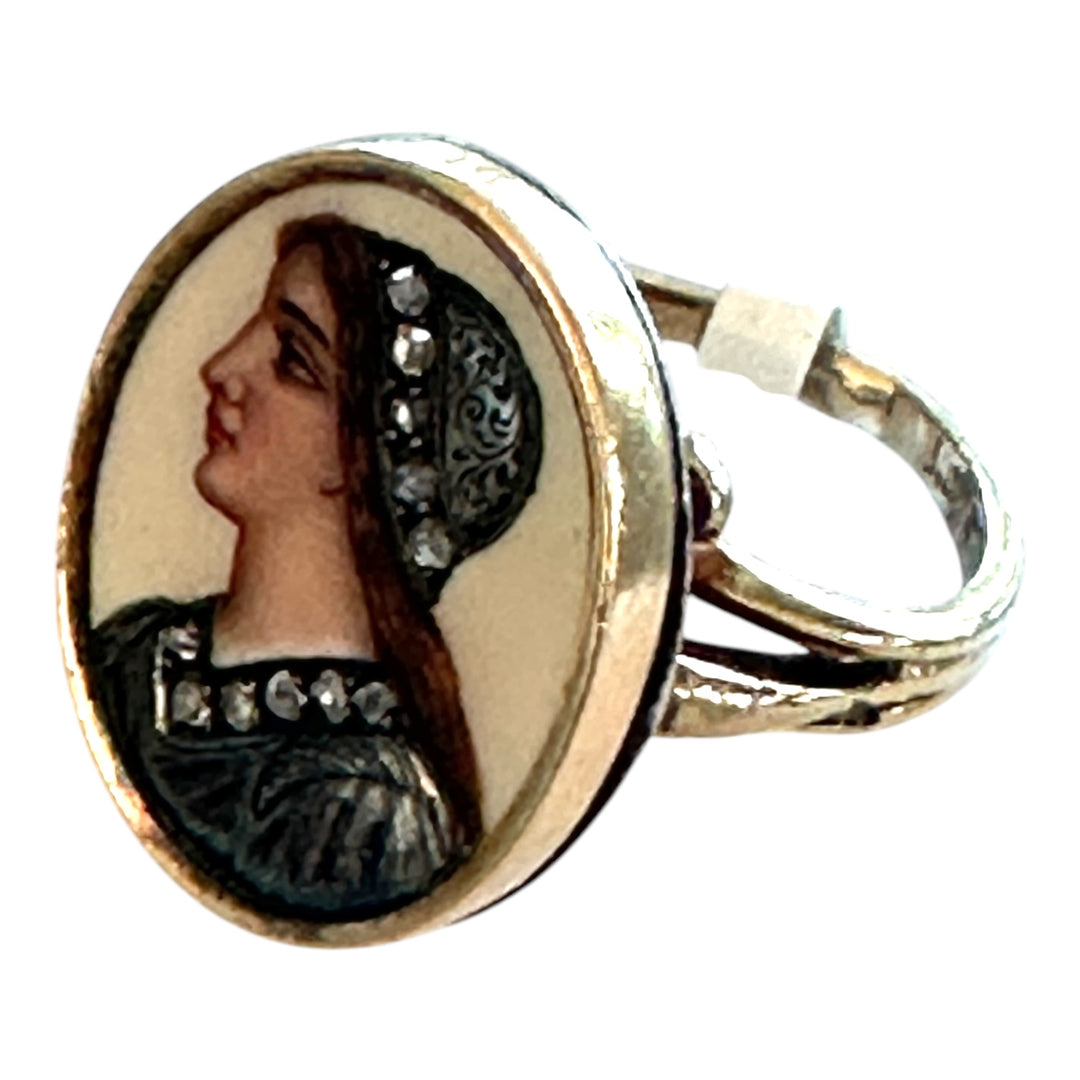 1800s, Renaissance Diamond Encrusted Cameo Ring, Vibrantly Painted