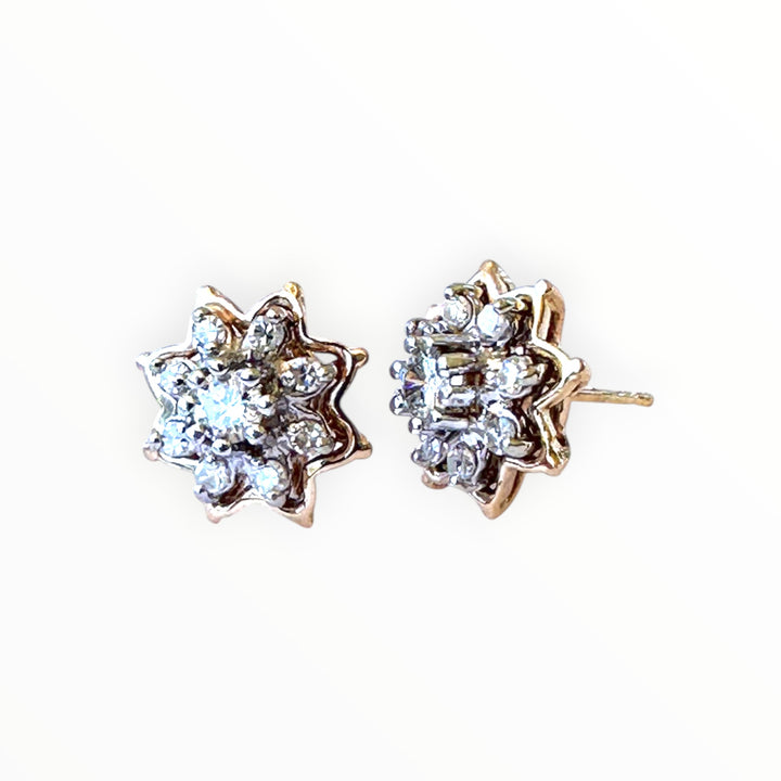 Vintage 14 Karat Two-Tone Gold Diamond Starburst Cluster Stud Earrings, 0.50 CTW