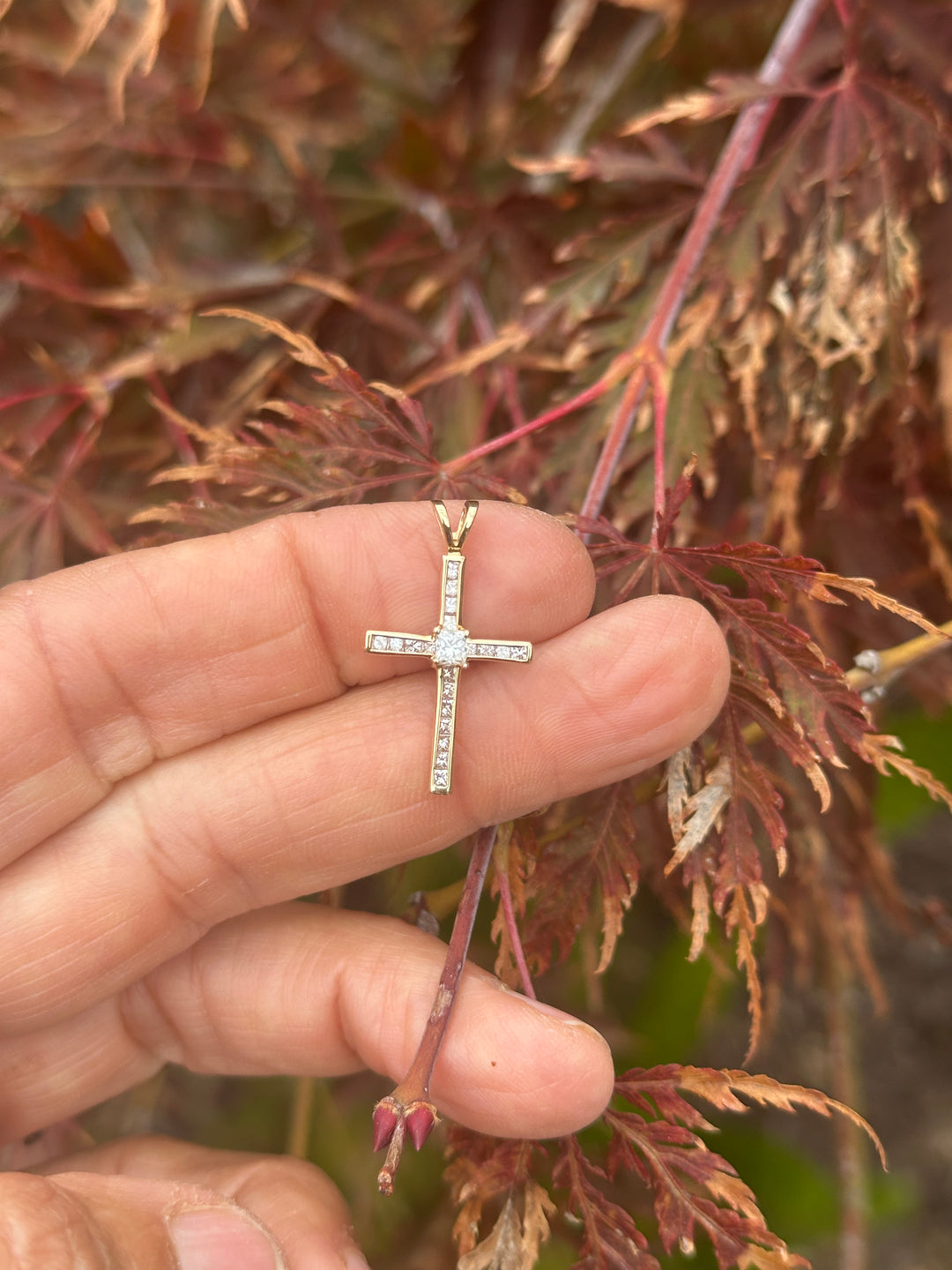 14 Karat Yellow Gold Princess .95ct Diamond Channel Cross 1-1/2”Length