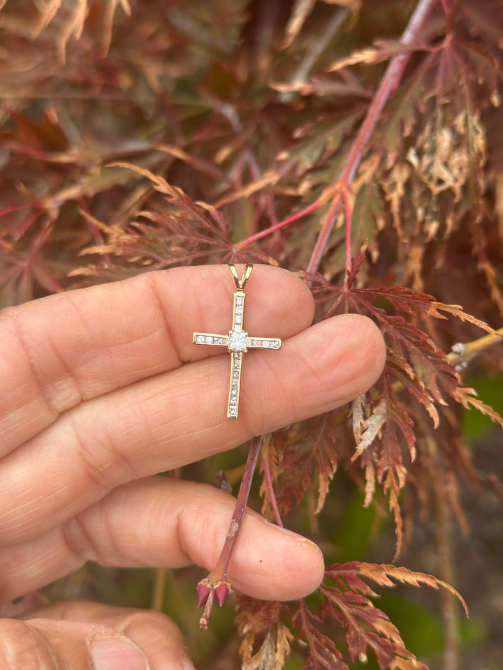 14 Karat Yellow Gold Princess .95ct Diamond Channel Cross 1-1/2”Length