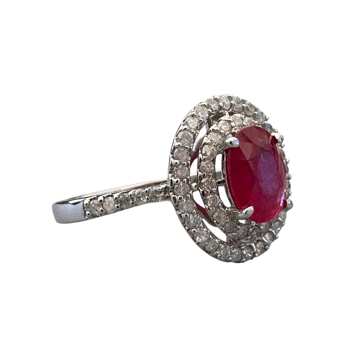 14kt White Gold 1.40 Carat Oval Ruby and Double Diamond Halo Cocktail Ring