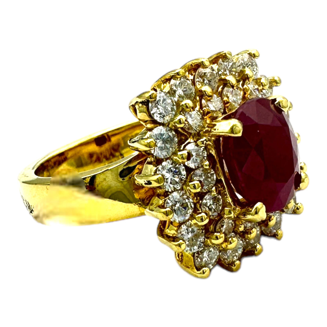 18Kt Yellow Gold 2.10 Ct Burma Ruby Diamond Halo Ring.