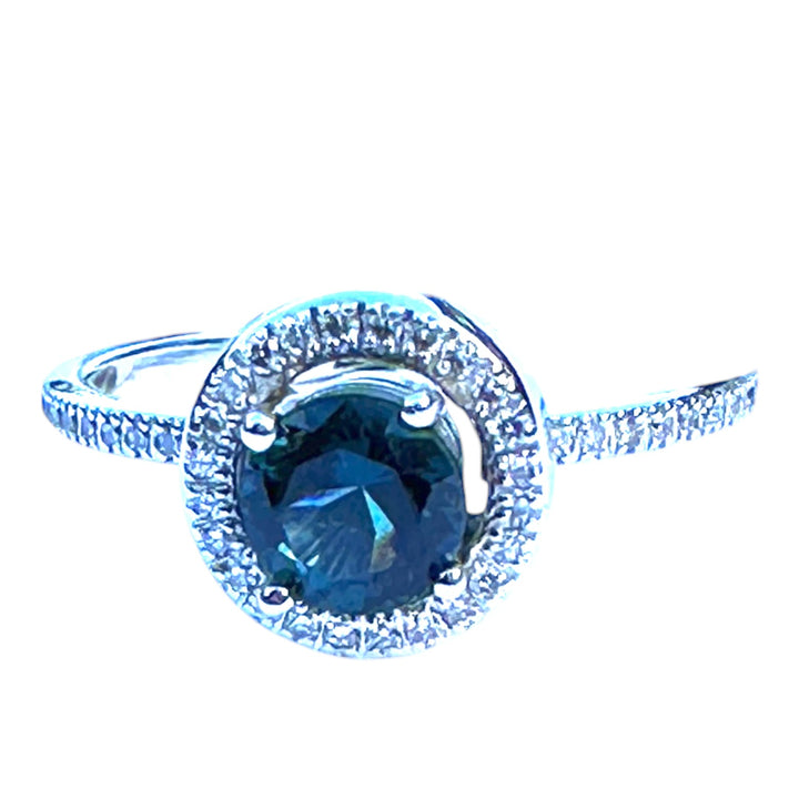 Simon G, 18 Karat Teal Colored Zircon Halo Eternity Band .90ct Ring