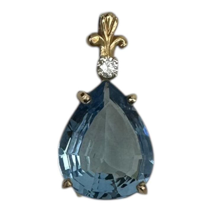 14 Karat Yellow Pear-Shaped Aquamarine, Diamond Pendant 6.56 CTW