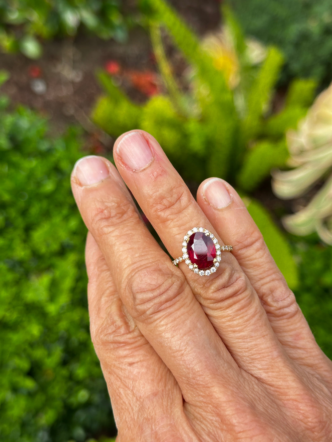 14 karat 3.93 carat red ruby halo ring