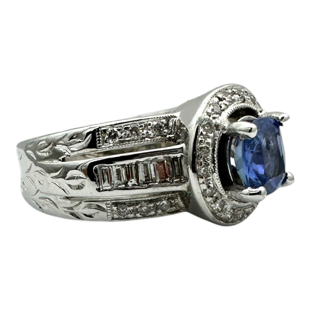 14 Karat White Gold 2.25TCW Blue Sapphire Halo Diamond and Baguette Ring