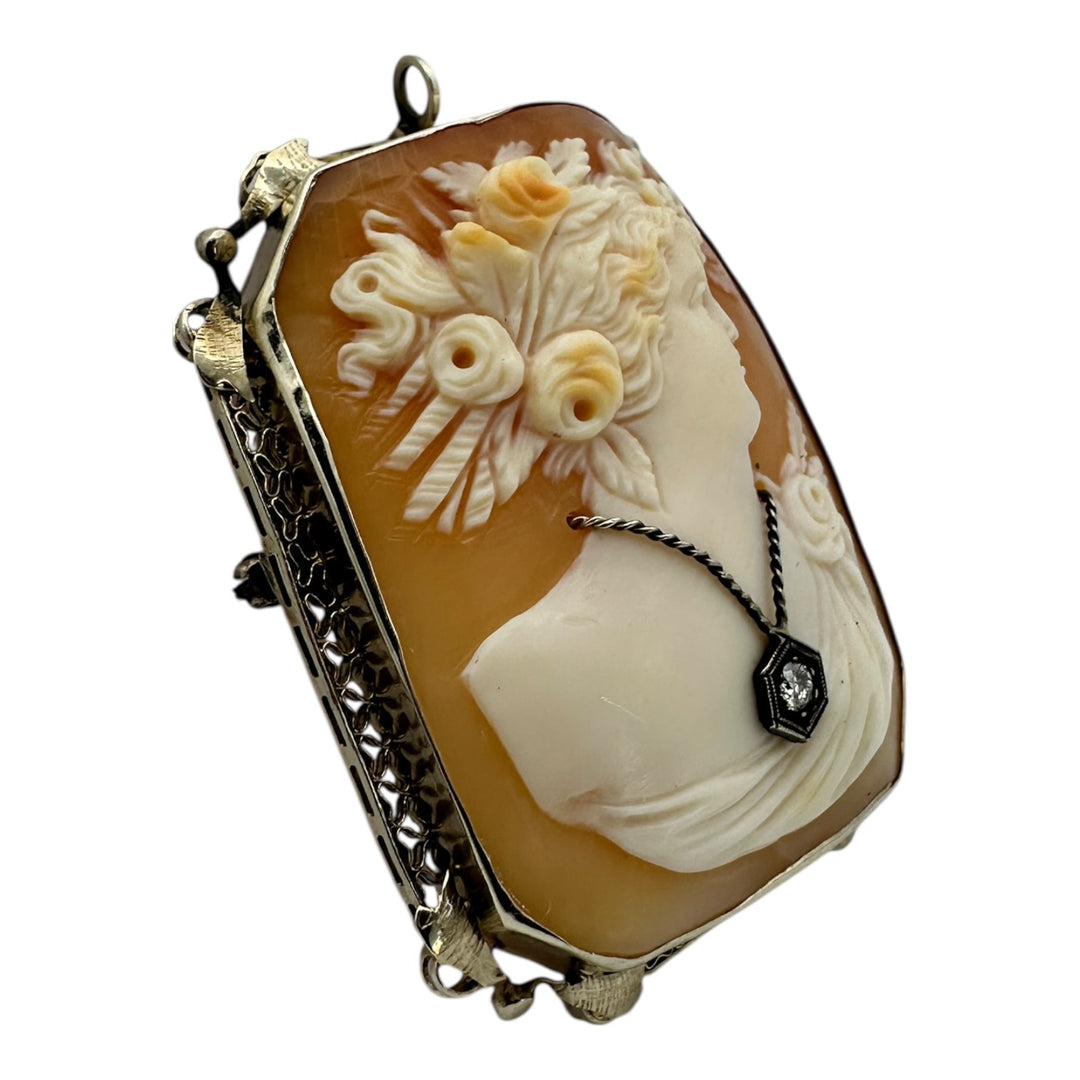 1800's Victorian Cameo with Diamond 14 Karat White Gold brooch pendant