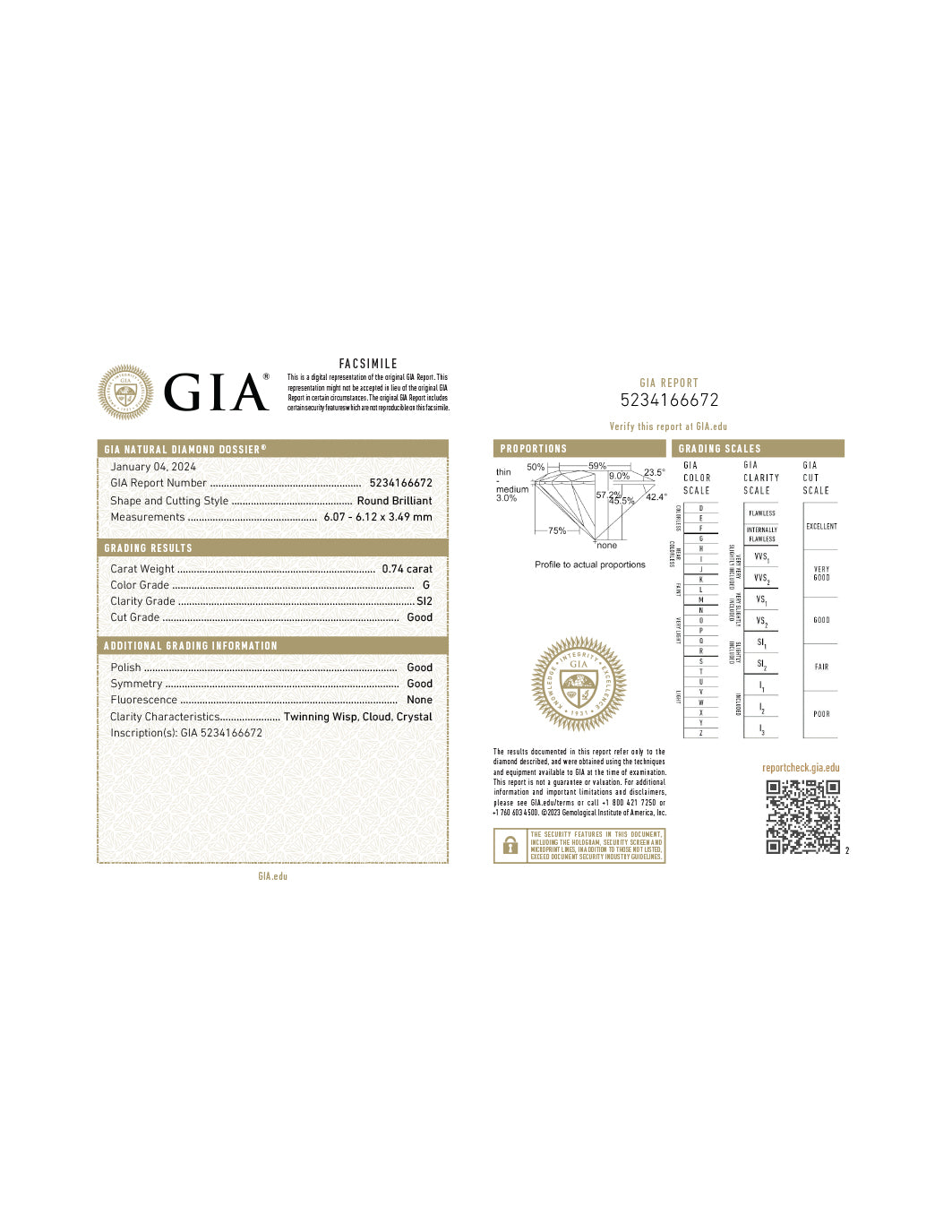 14Kt Engagement Diamond Ring GIA Certified .74 Carat Round SI2-G