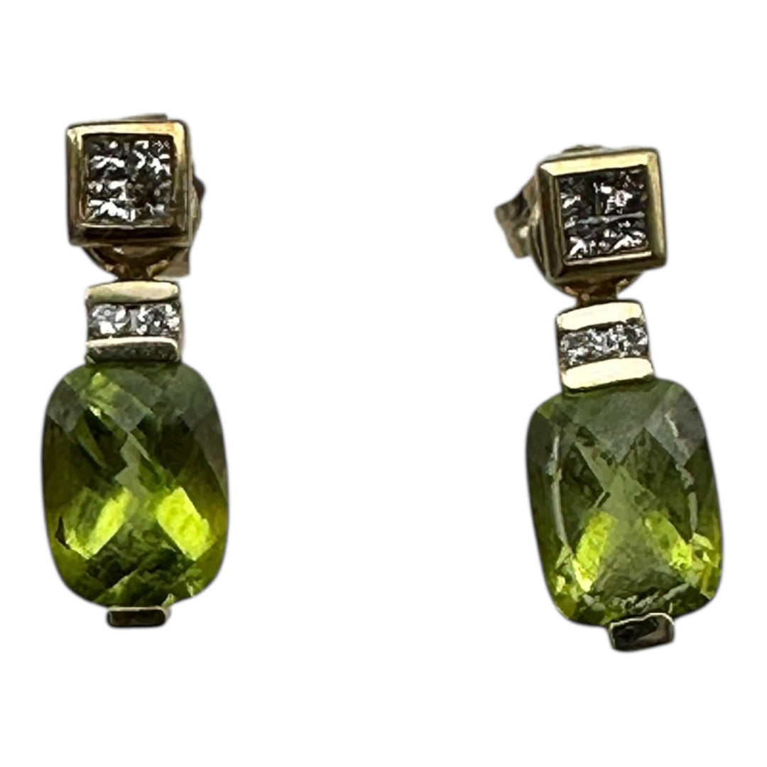 Jacket Earrings, 14 karat tapestry-cut Peridot and princess-cut diamond stud yellow gold